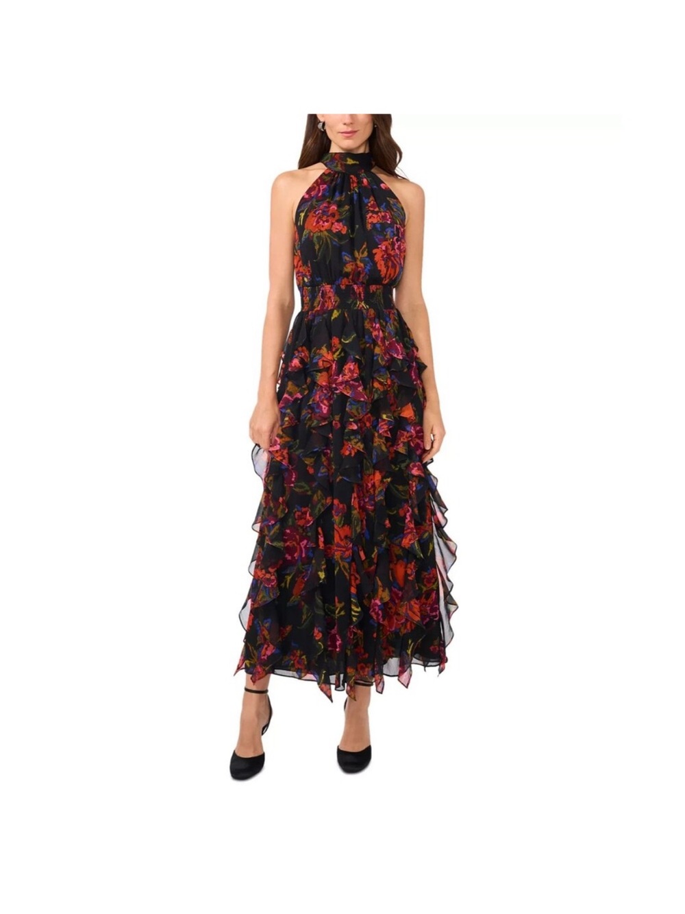 1.STATE Floral Cascading Ruffle Halter Maxi Dress